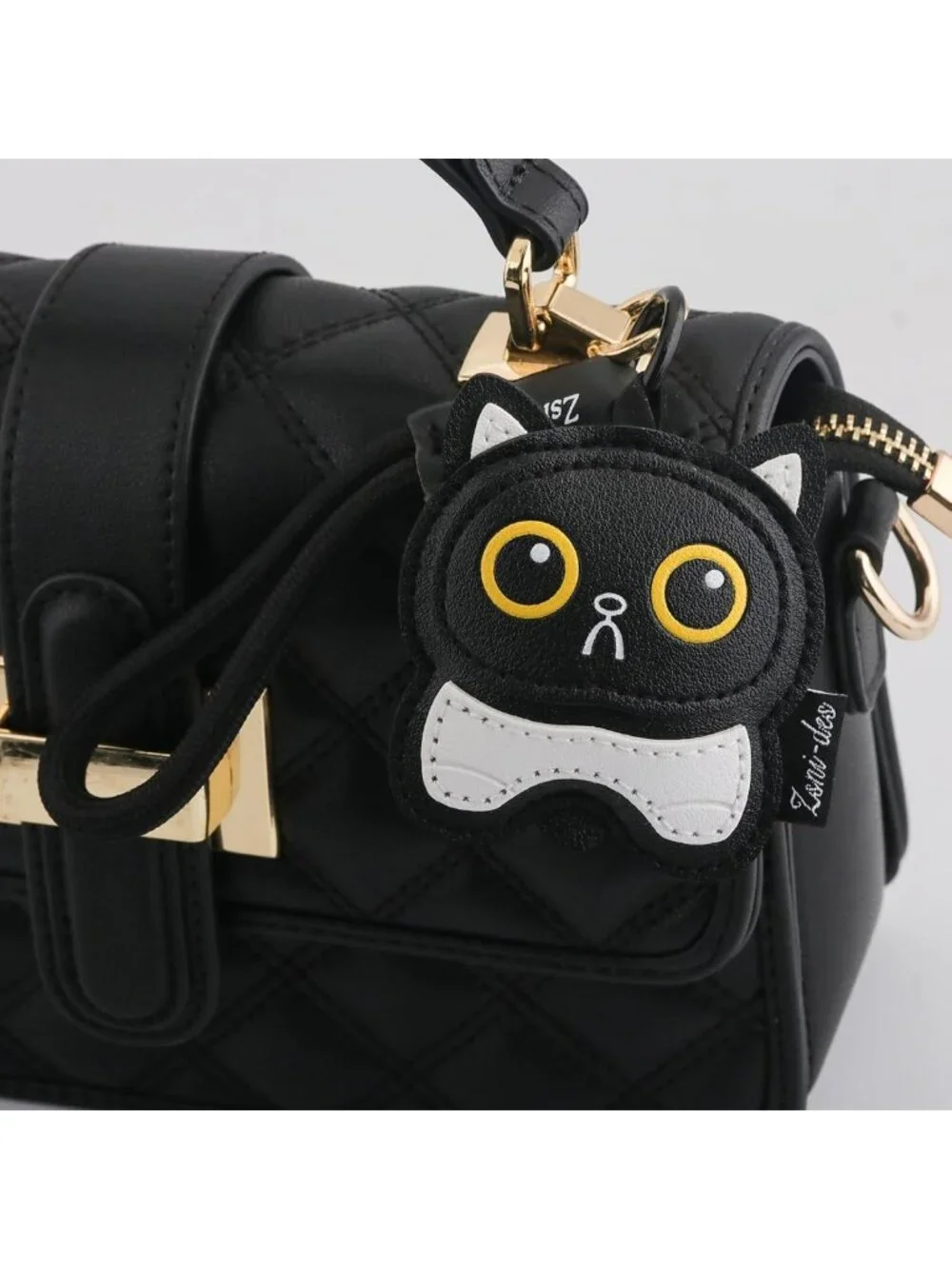 Cute Black Cat Keychain Charm - PU Leather Kawaii Pendant for Bags & Backpacks